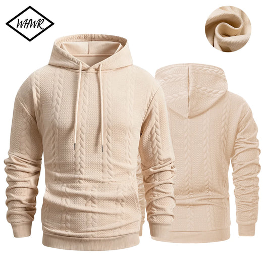 Men's Winter Warm Fleece Hoodie Cable Knit Textured Pullover/Hooded Sweatshirt Kangaroo Pocket for Gym Street Cold Weather Jacket