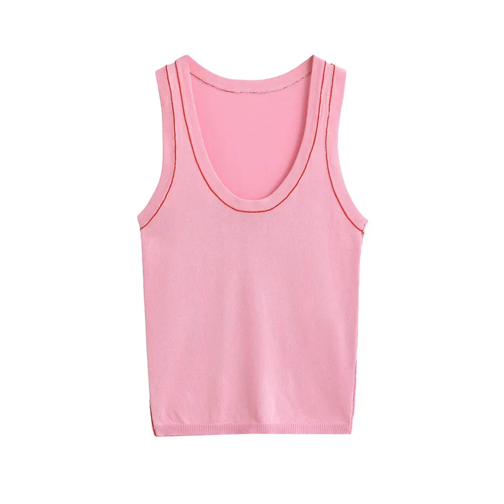 Women's Sleeveless Knit Tank Tops V Neck/Contrast Trims Female Vest Fashion