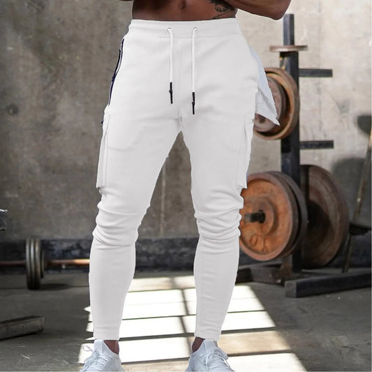Solid Fitness Casual Trousers Men's Sports Pants Multi Pocket/Drawstring Elastic Waisted Slim Pants