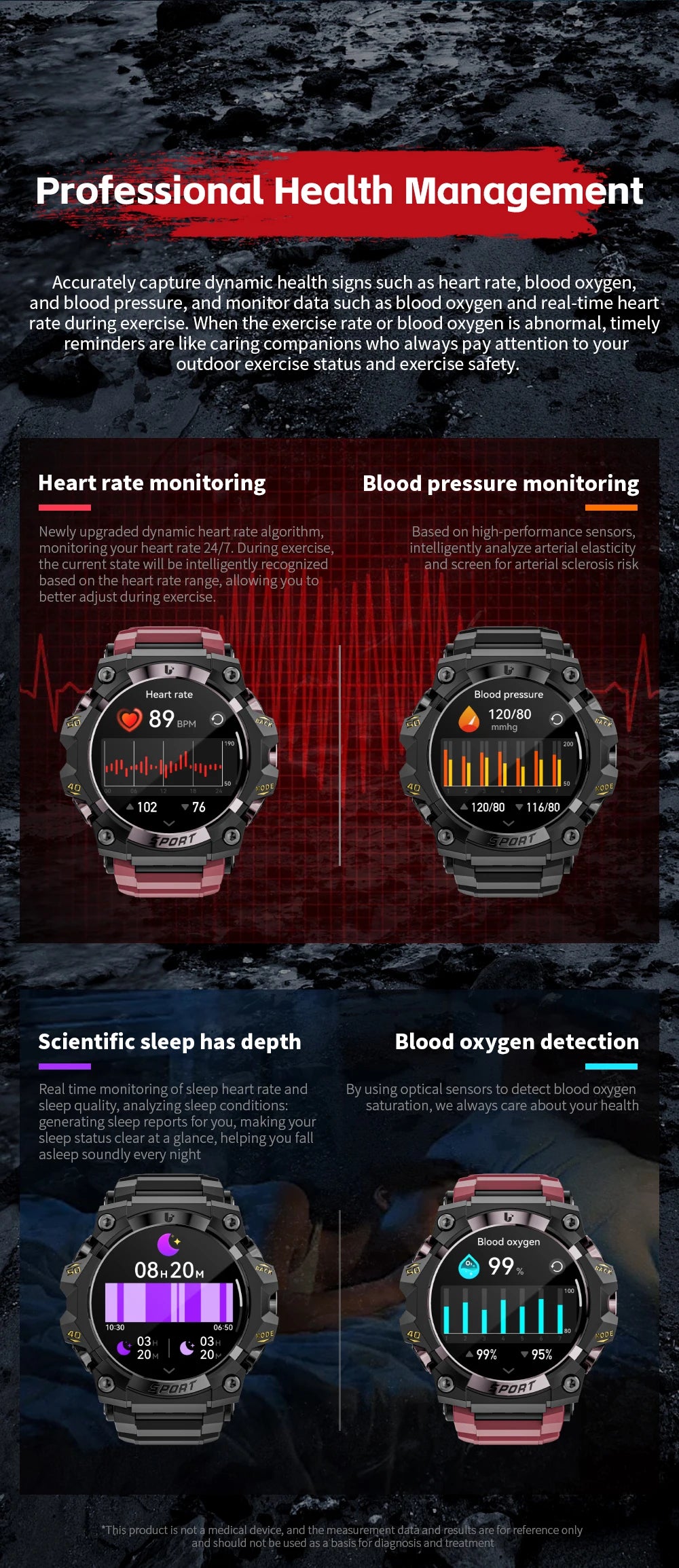 LOKMAT New Rugged Smart Watch Bluetooth Calls Wristband/Fitness Tracker Flashlight Message Push Heart Rate Monitor for Phone