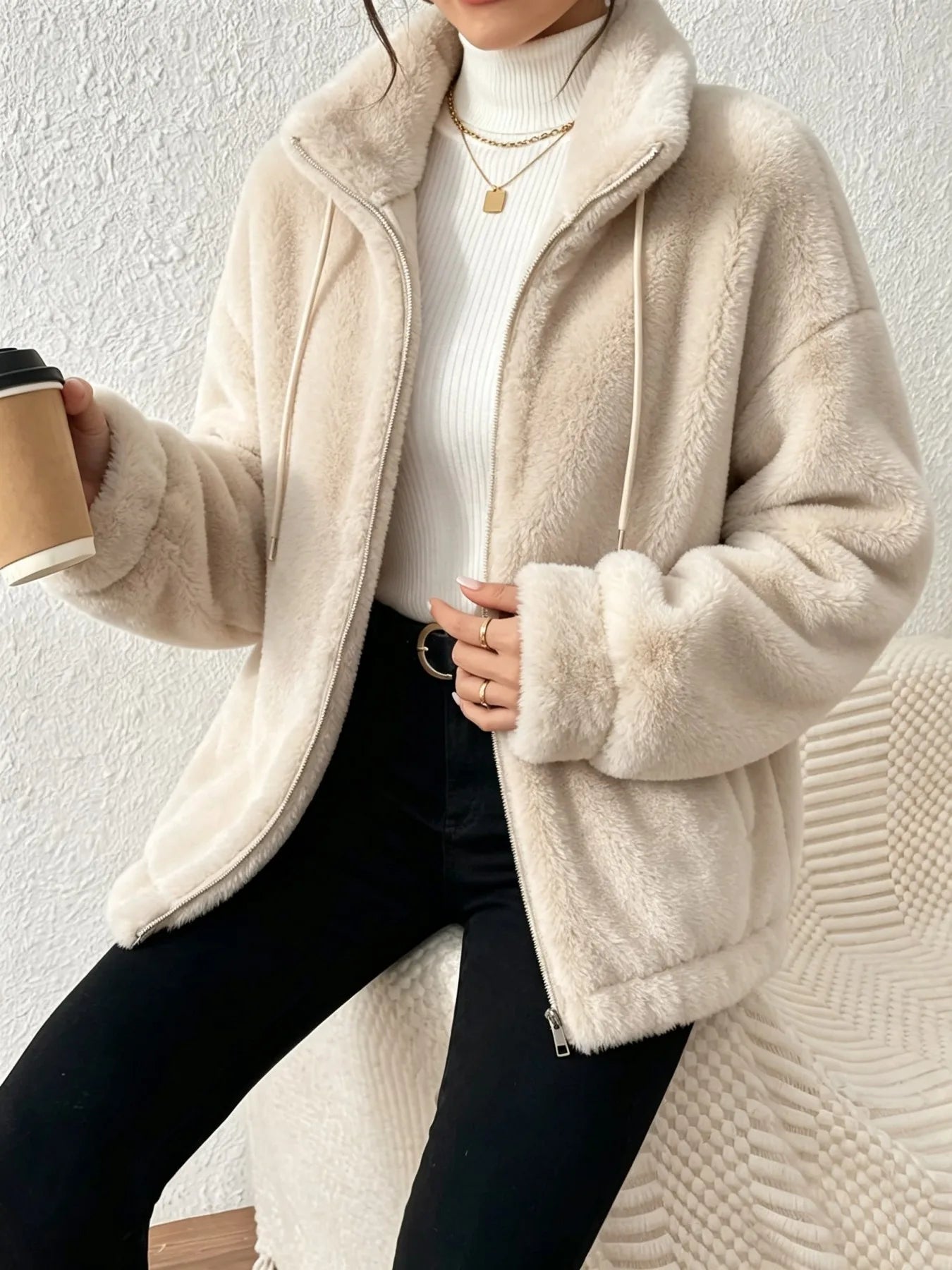 Women Fuzzy Fleece Zip Up Jacket Stand Collar Drawstring Loose/Oversized Coat Warm Plush Winter Outerwear Casual Streetwear