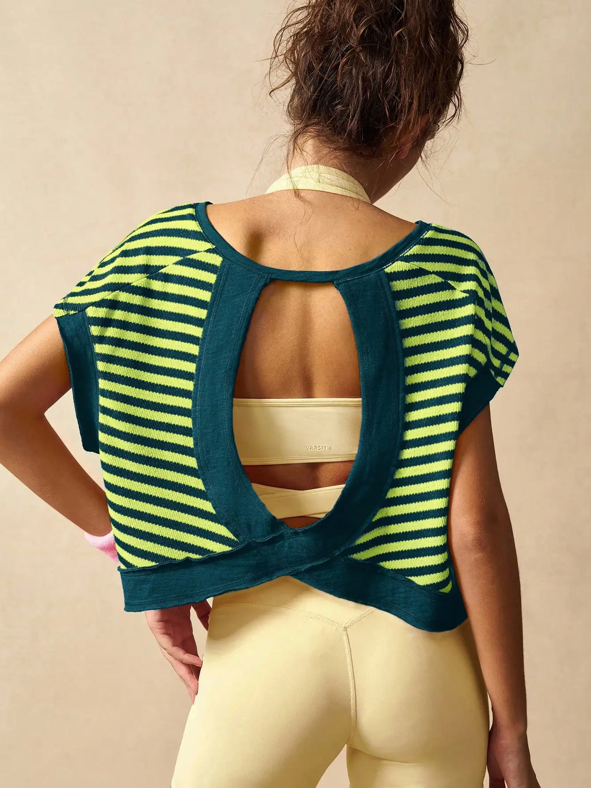 Women Striped Open Back Workout/Top Gym Crop Top Summer Active Wear Shirts
