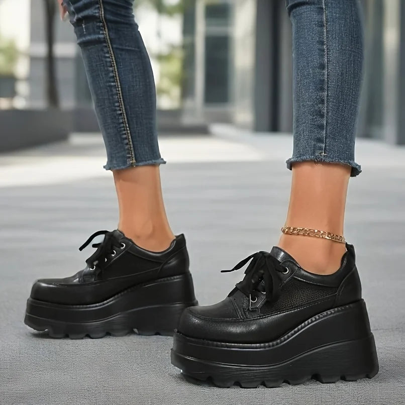 Women's Y2K Goth Wedges High Heels Pumps Fashion Solid Lace-up/Breathable Mesh Thick Bottom Sneakers Casual Comfy Platform Shoes