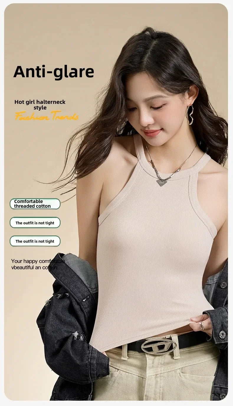 Threaded Halter Neck Camisole Top With Build-in Bra High Elastic/Slim-fitting Sling Fixed Cup Breathable Women Tank top
