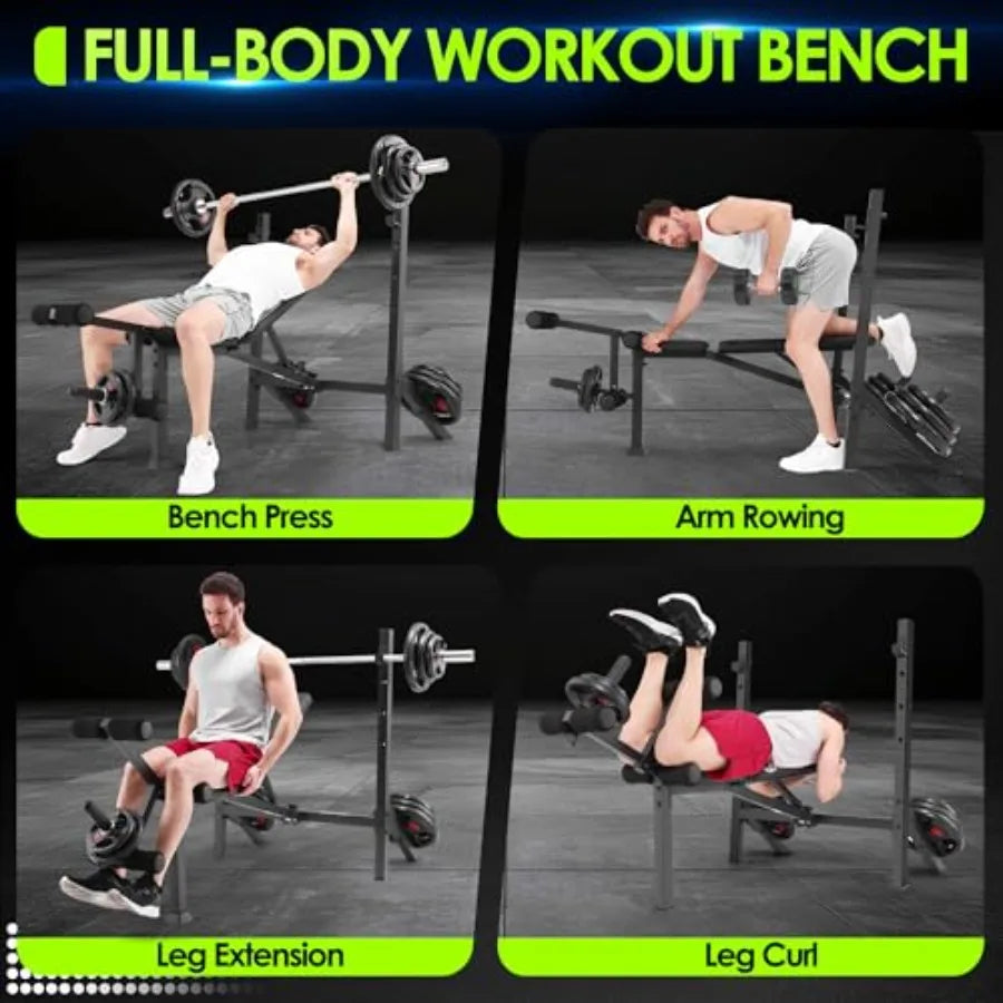 900LBS Weight Bench Set with Squat Rack Adjustable Bench Press/Bench with Leg Extension & Leg Curl, Incline Decline Flat Foldable