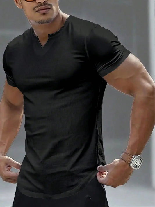 Men Notch Neck Slim Fit/Black T-Shirt Casual Gym Top