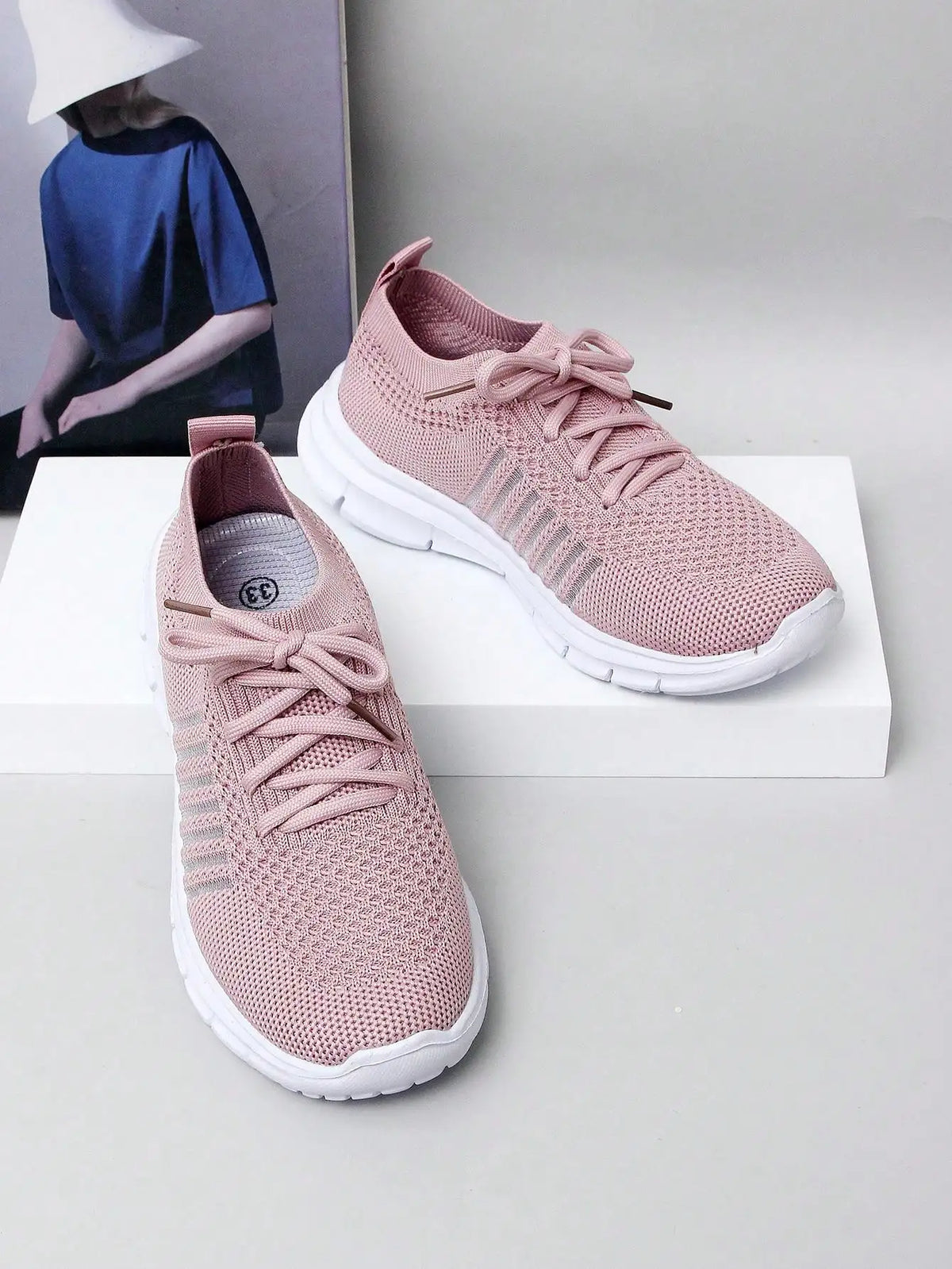 1 Pair Girls Knitted Lace-Up Design Flat Breathable Slip-On/Casual Sports Shoes Suitable For Spring & Autumn Seasons