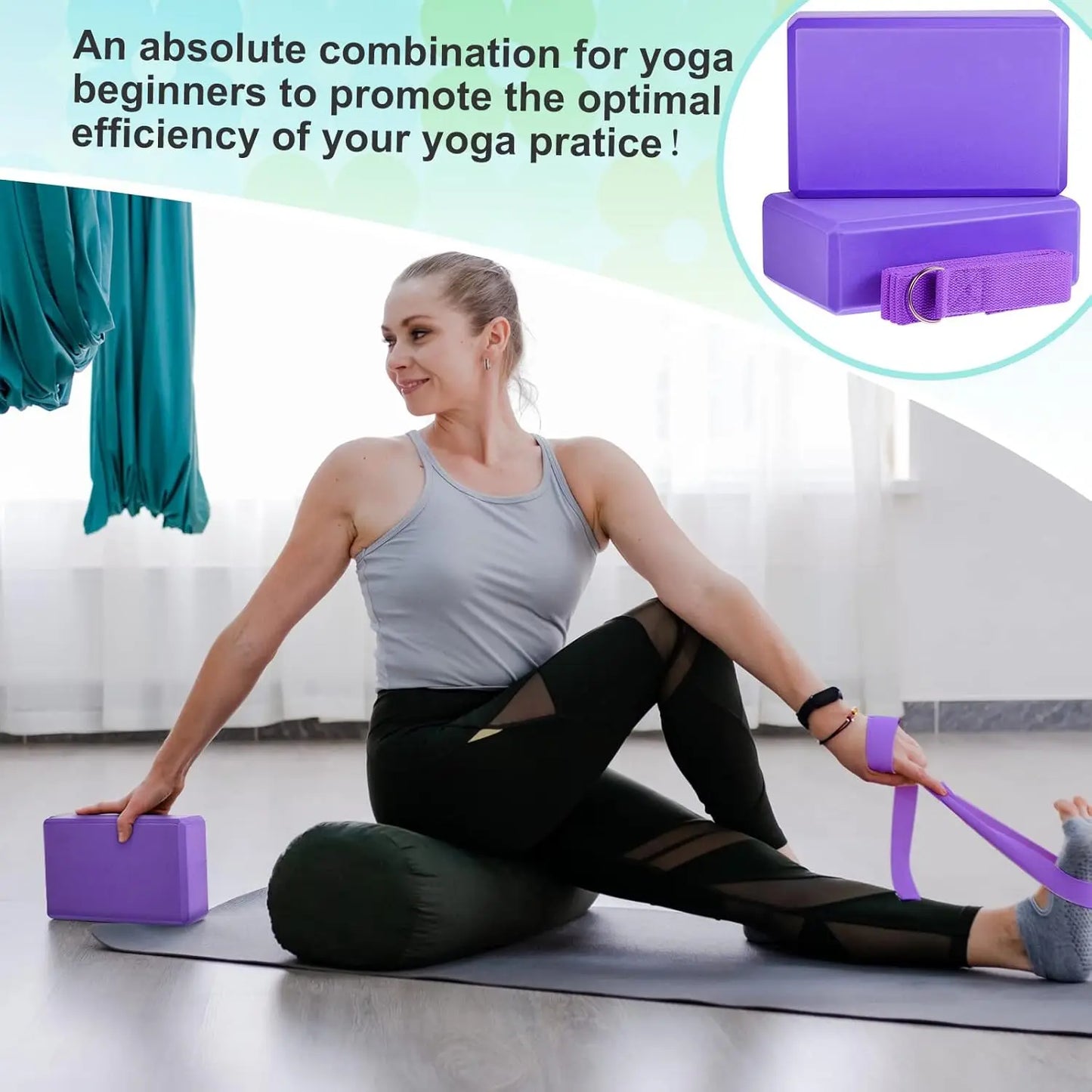 18 Pcs Yoga Block and Strap Set 9 x 6 x 3 Inch EVA Foam/Non Slip Brick 8 ft Yoga Straps for Stretching D Ring Design