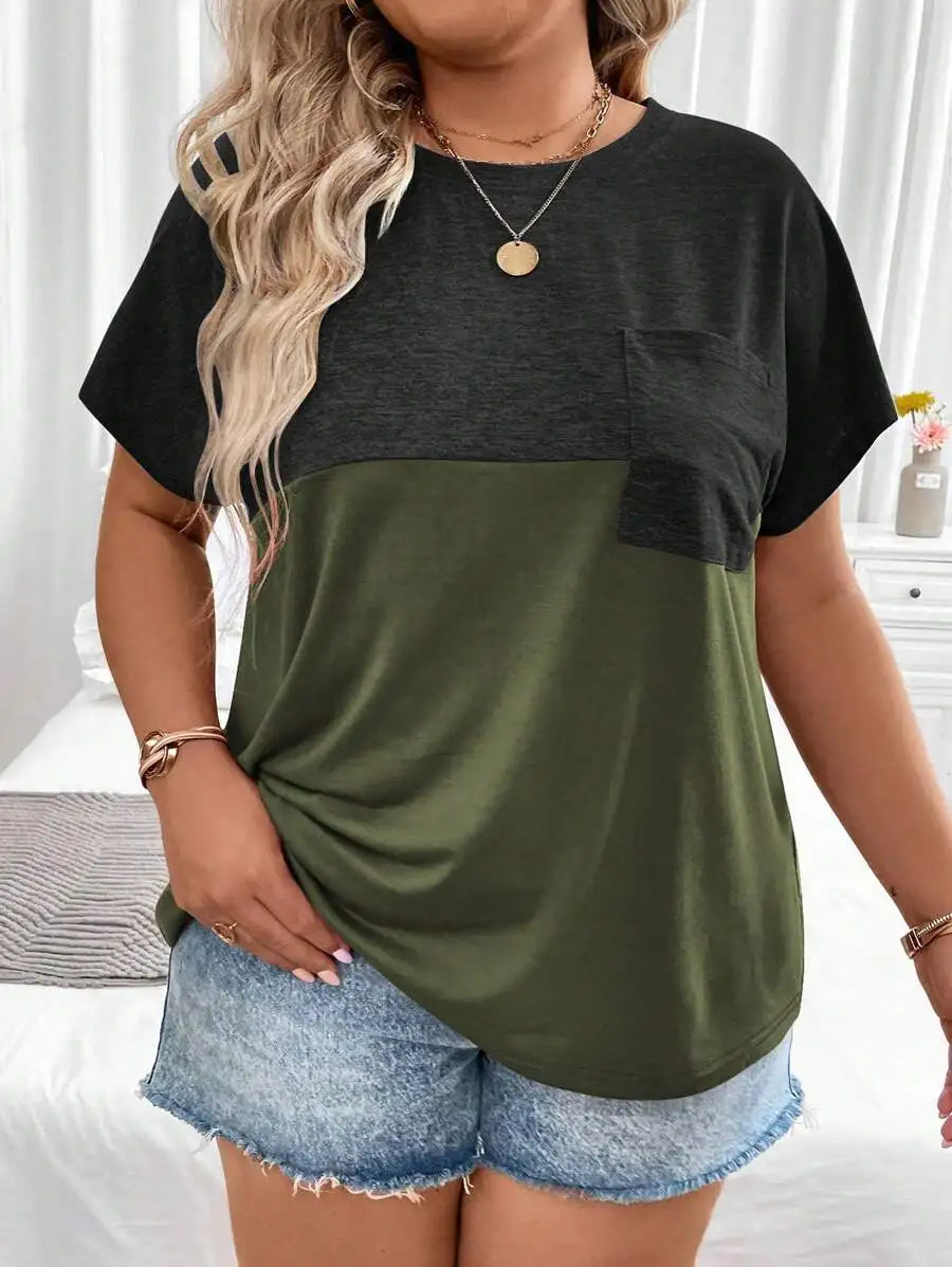 Color Block Pocket T-Shirt/with Batwing Sleeves for Women