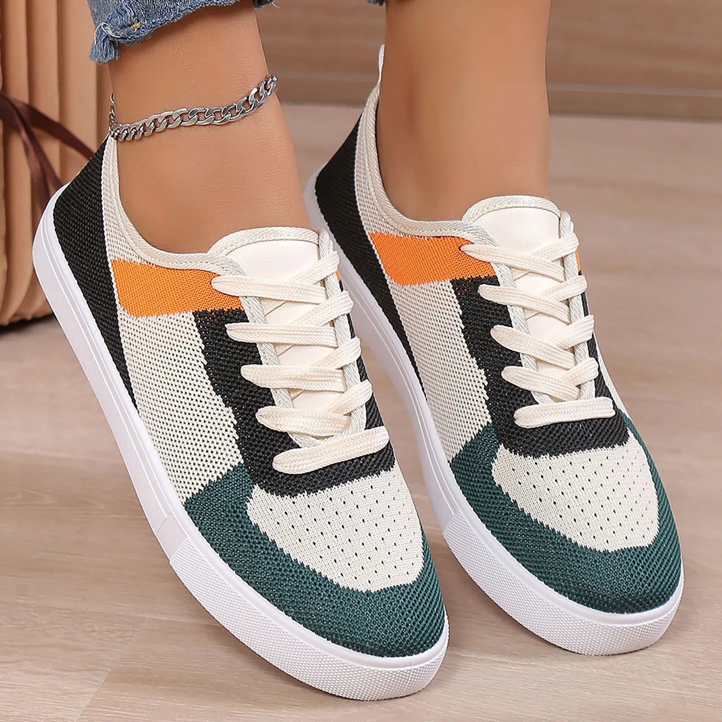 Women Casual Durable Low Heel Hiking Shoes Fashionable/Green Flat Round Toe Single Shoes Women Sneakers