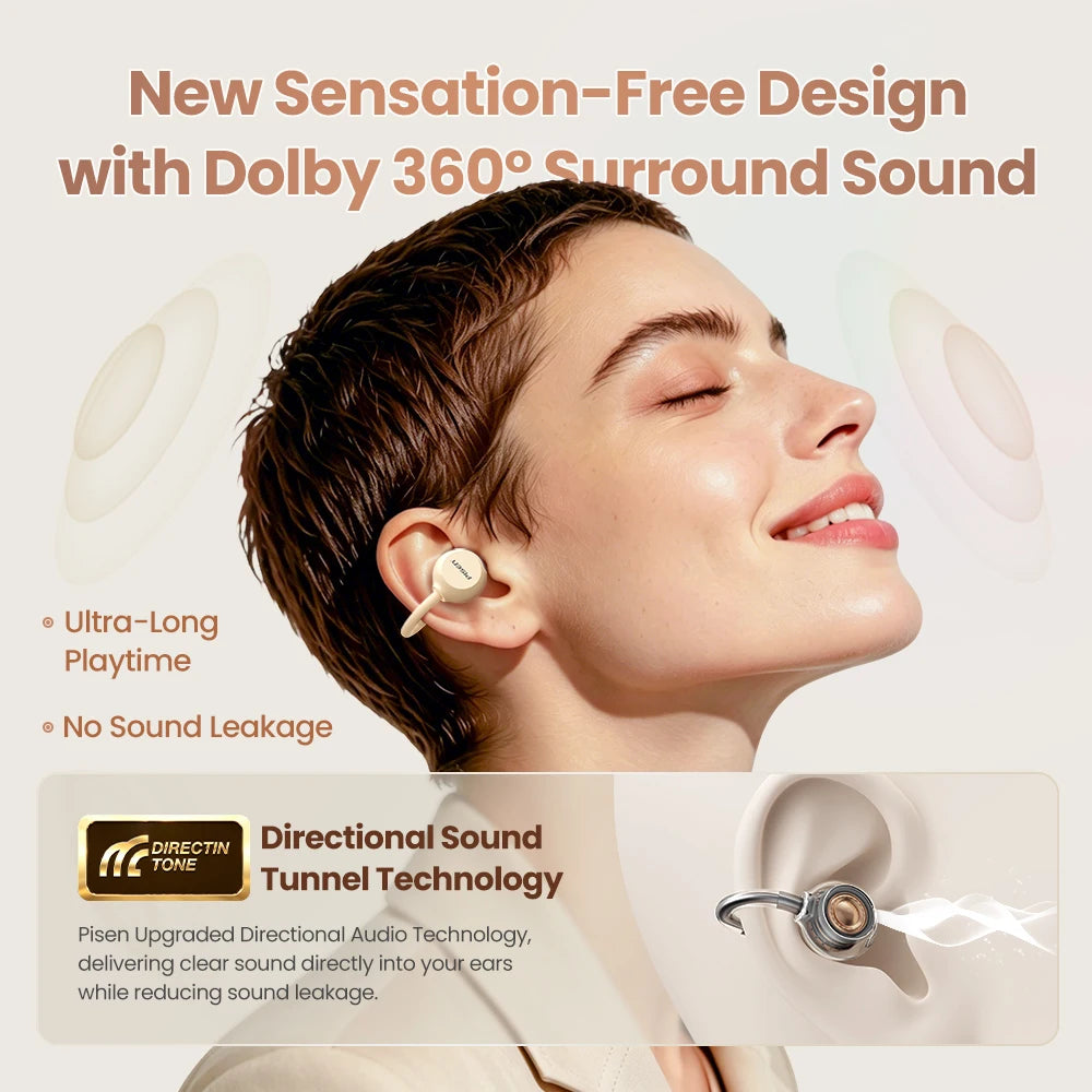 PISEN Wireless Bluetooth 6.0 Hi-Res Ear Clip Earphones 360° Directional Sound/Field Long Battery Life Sports Clip Earbuds 30H Pl