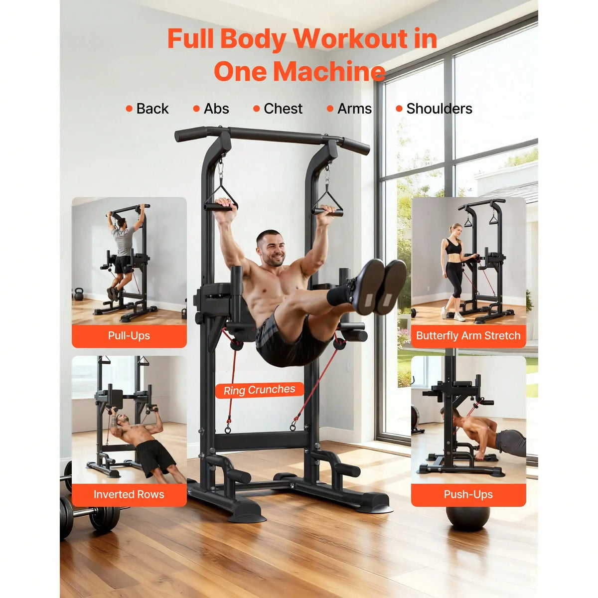 Pull Up Bar, 330 LBS Power Tower Dip Station, Workout Dip Station/With H-Shaped Stable Base & Back Pad, Adjustable 12 Level Height
