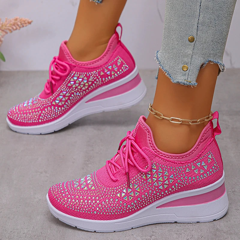 Women's Shiny Rhinestone Wedge Sneakers Breathable Non Slip/Walking Shoes Woman Plus Size Fashion Thick Sole White Sneakers