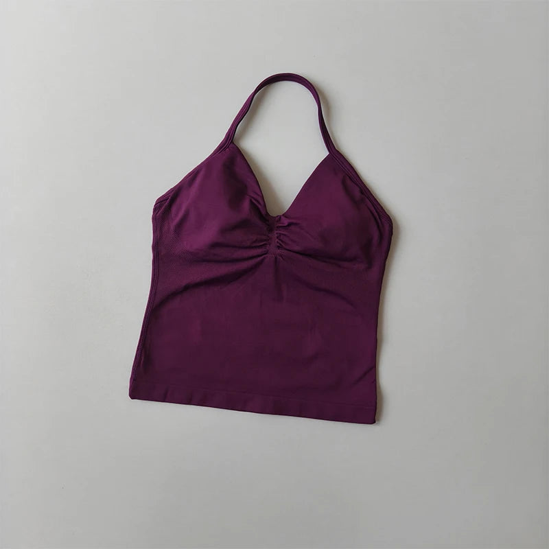 Longline Strappy Seamless Yoga Tank Top Backless/Gym Vest with Built-in Bra Sleeveless Workout Top