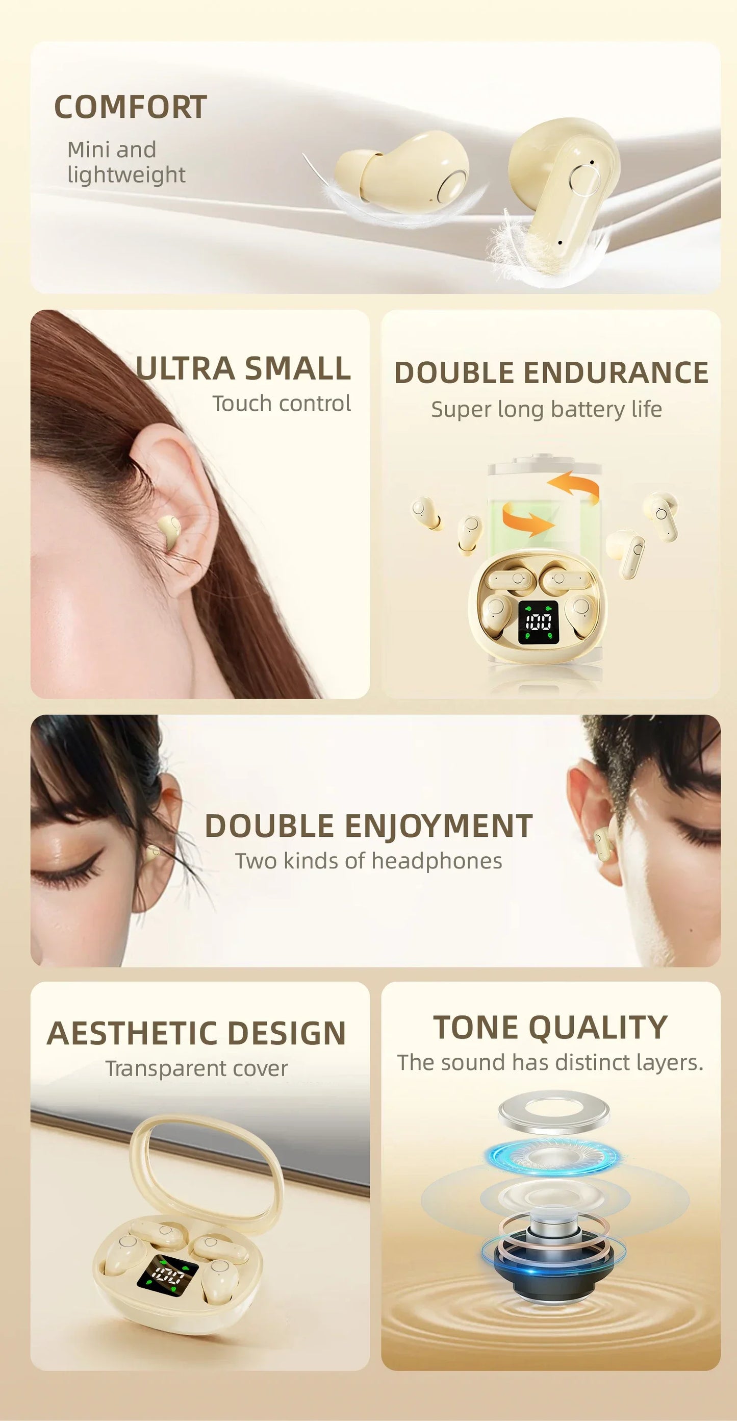 New Dual Wireless Bluetooth Earphones, HiFi Sound Low Latency/Noise Reduction Earbuds for iPhone Android