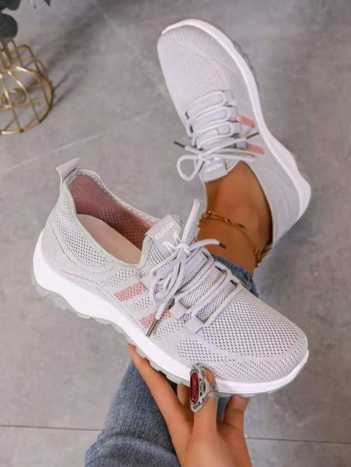 Women Breathable Knit Air Cushion Platform Walking Sneakers/Lace Up Lightweight Non Slip Wedge Casual Shoes Shock Absorbing