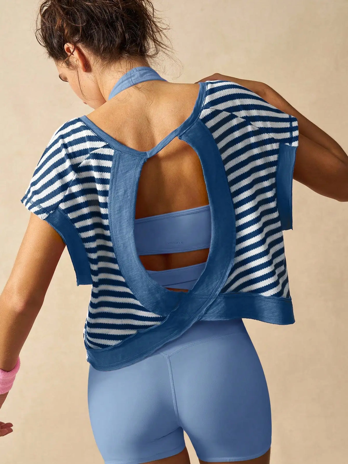 Women Striped Open Back Workout/Top Gym Crop Top Summer Active Wear Shirts
