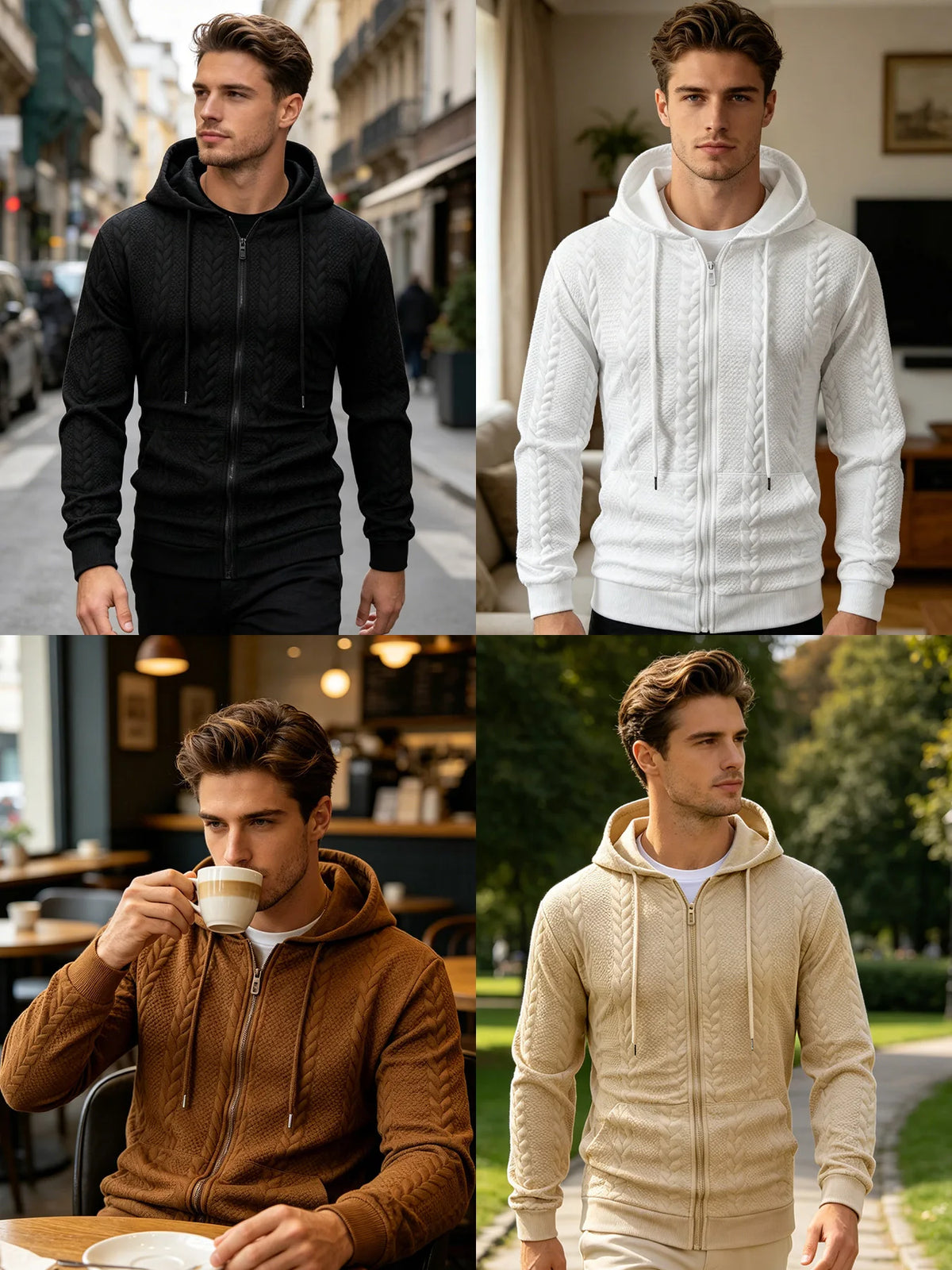 Men's Textured Zip Hooded Sweatshirt Full Zipper Jacket/Kangaroo Pocket Ribbed Cuffs Warm Casual Street Outerwear