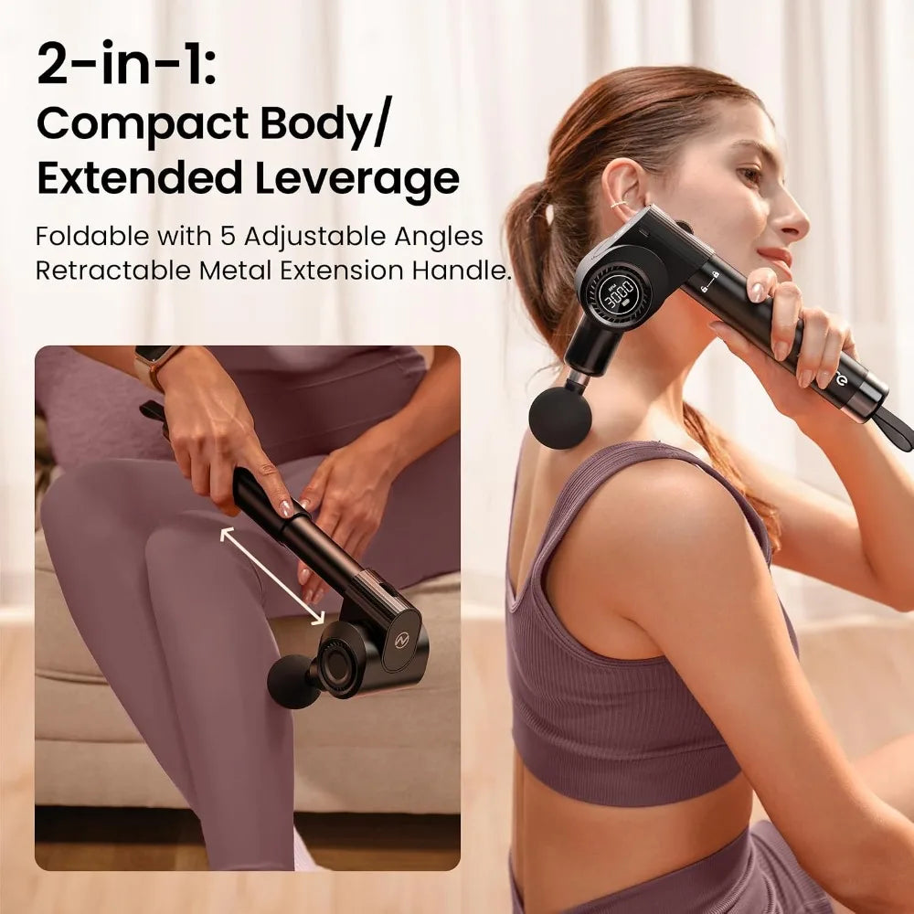 Foldable Massage Gun with Extension Handle 5 Adjustable Angles/Deep Tissue Back Massager 32 Speeds, 6 Heads, Quiet & Portable