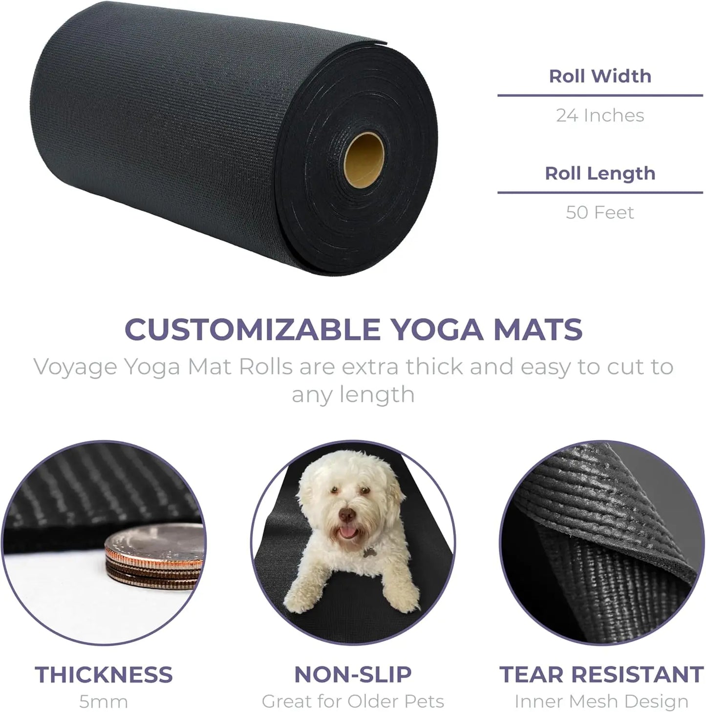 5mm Thick Non-Slip Yoga Mat Roll, 24in x 50ft/Cut to Custom Length for Home Fitness and Exercise