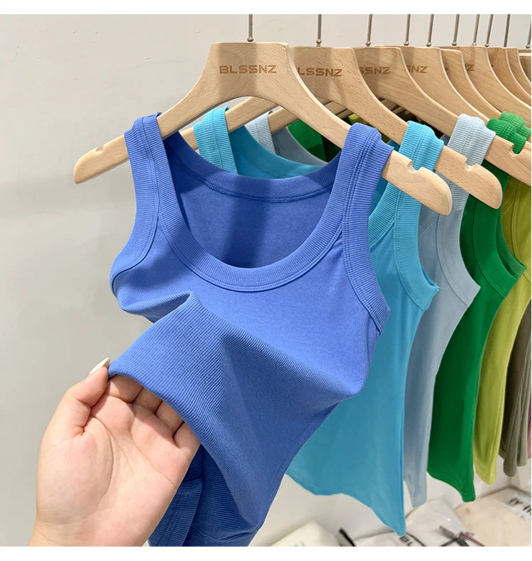 zjaiss Women Solid Round Neck Ribbed Tank Top Camisole Women/Summer Basic Elastic Tank Top O Neck Solid Tank Top