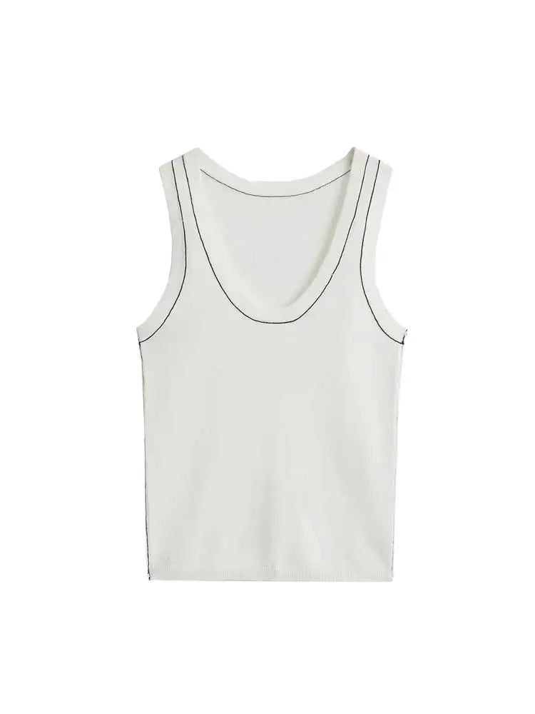 Women's Sleeveless Knit Tank Tops V Neck/Contrast Trims Female Vest Fashion