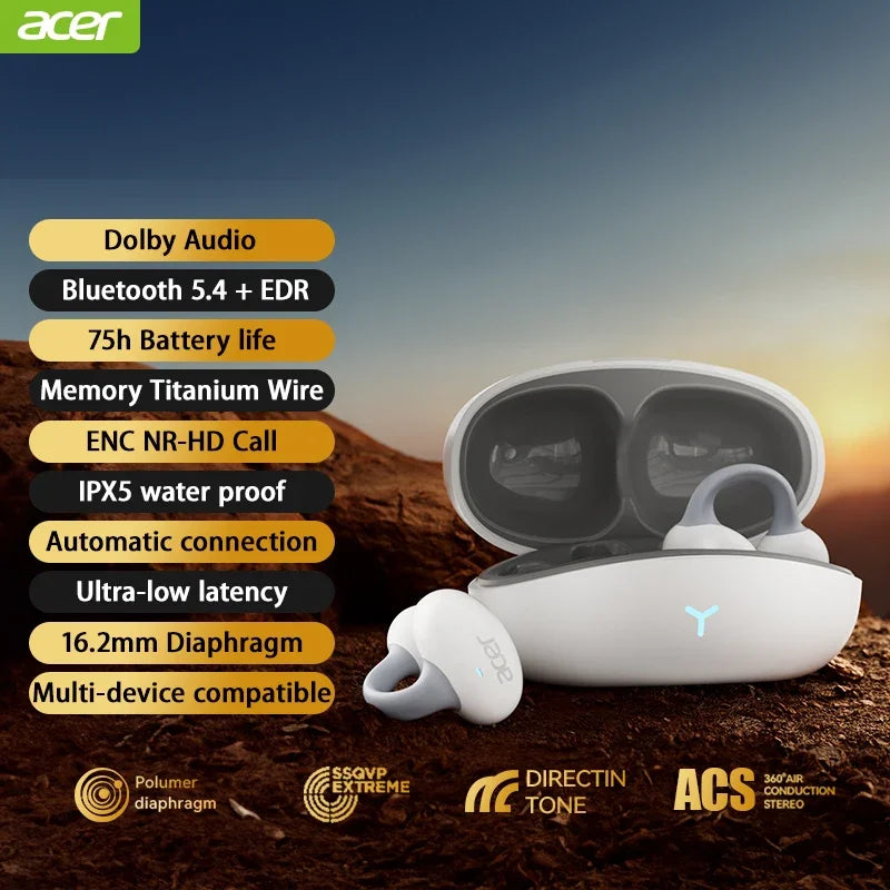 Acer OHR206 Clip-on OWS Bluetooth Ear phones IP5 Waterproof/Dolby Sound Quality AAC/SBC Wireless Sports Bluetooth 5.4 Headphones