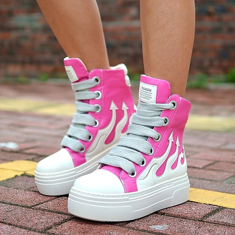 Women's High Top Flame Sports Shoes Wide Lace Up Casual Sneakers/For Woman Flat Platform Ladies Embroider Sneakers Girls Tennis