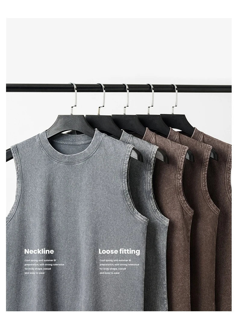 230g Pure Cotton European and American High Street Retro Washed/Distressed Sleeveless Vest Men's Casual Loose Shoulder T-shirt