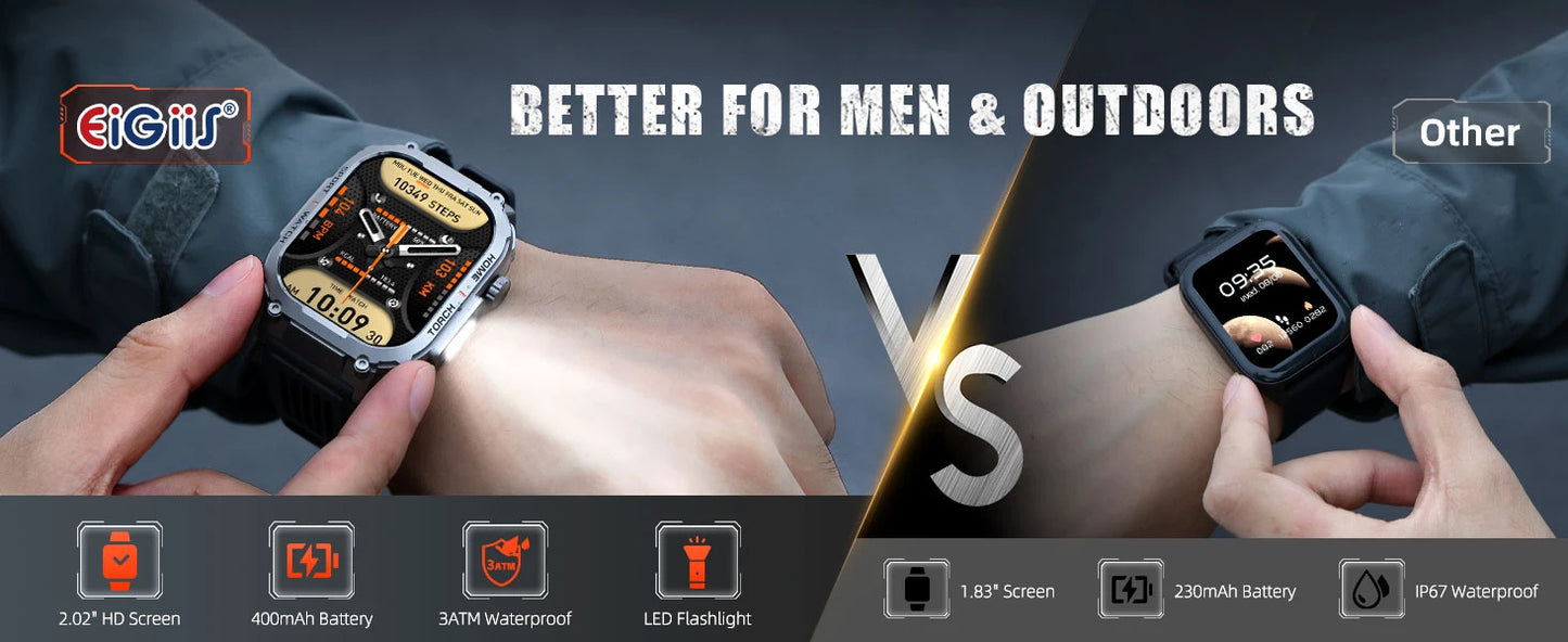 EIGIIS New Smart Watch Men 3ATM Waterproof 2.02"S320B With Compass/And LED Flashlight Sports And Fitness Tracking Heart Rate