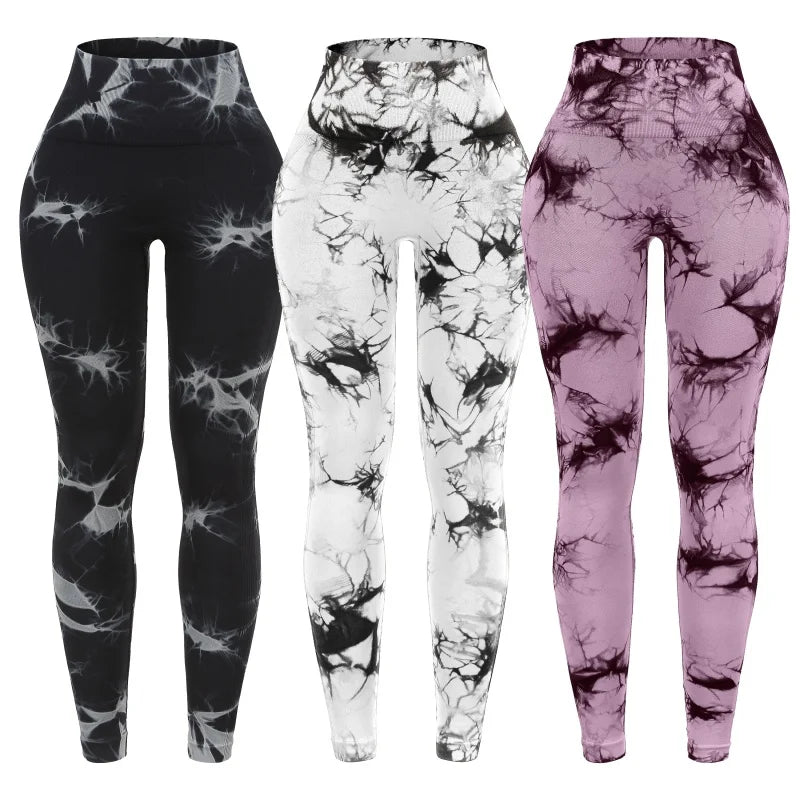 3 Piece Workout Leggings Sets for Women High Waisted Tie Dye Gym Scrunch/Lifting Seamless Yoga Leggings Athletic Pants