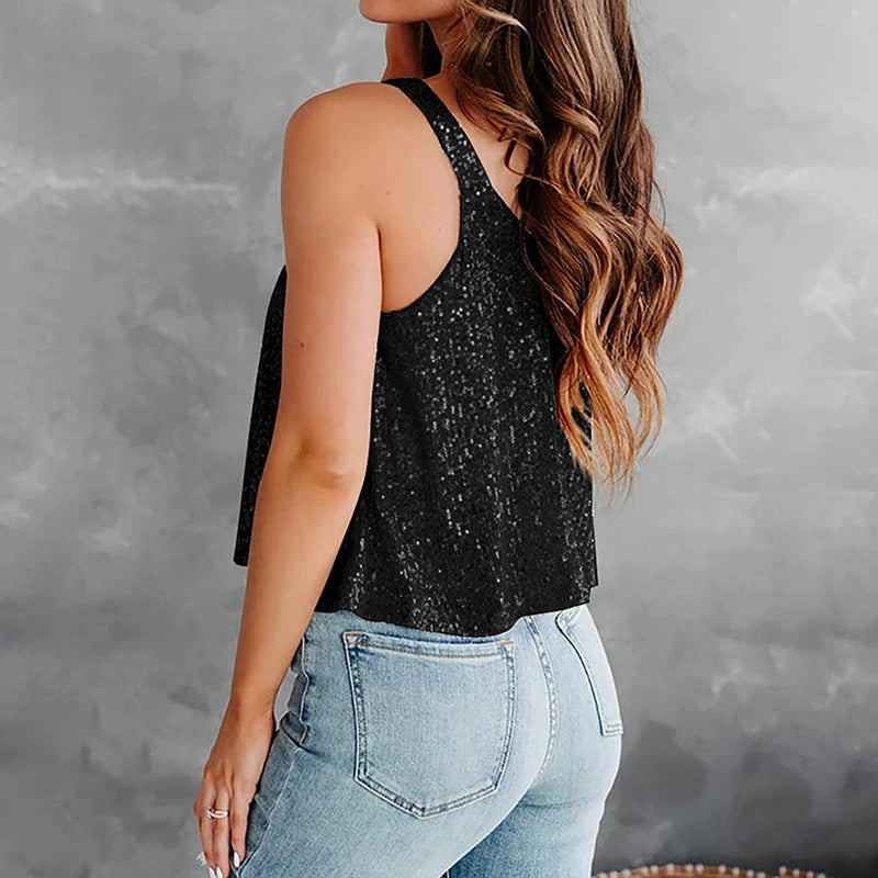 Sleeveless Sequin Tank Tops/Women's Party Top Halter Top