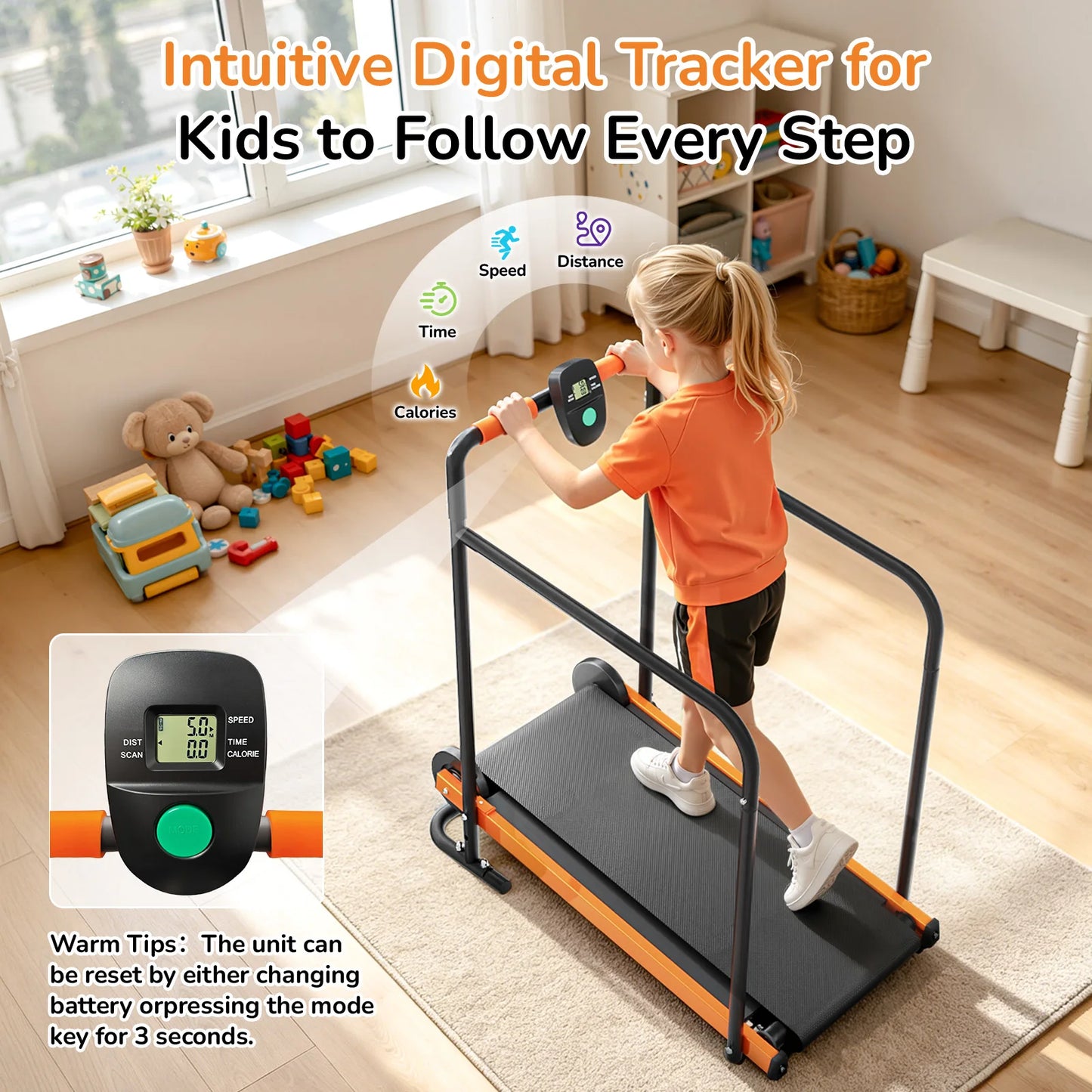 AKLUER Kids Walking Pad Treadmill Non-Electric Indoor Exercise Equipment for Boys & Girls Self-Propelled Fitness Toy with Front Padded Railing