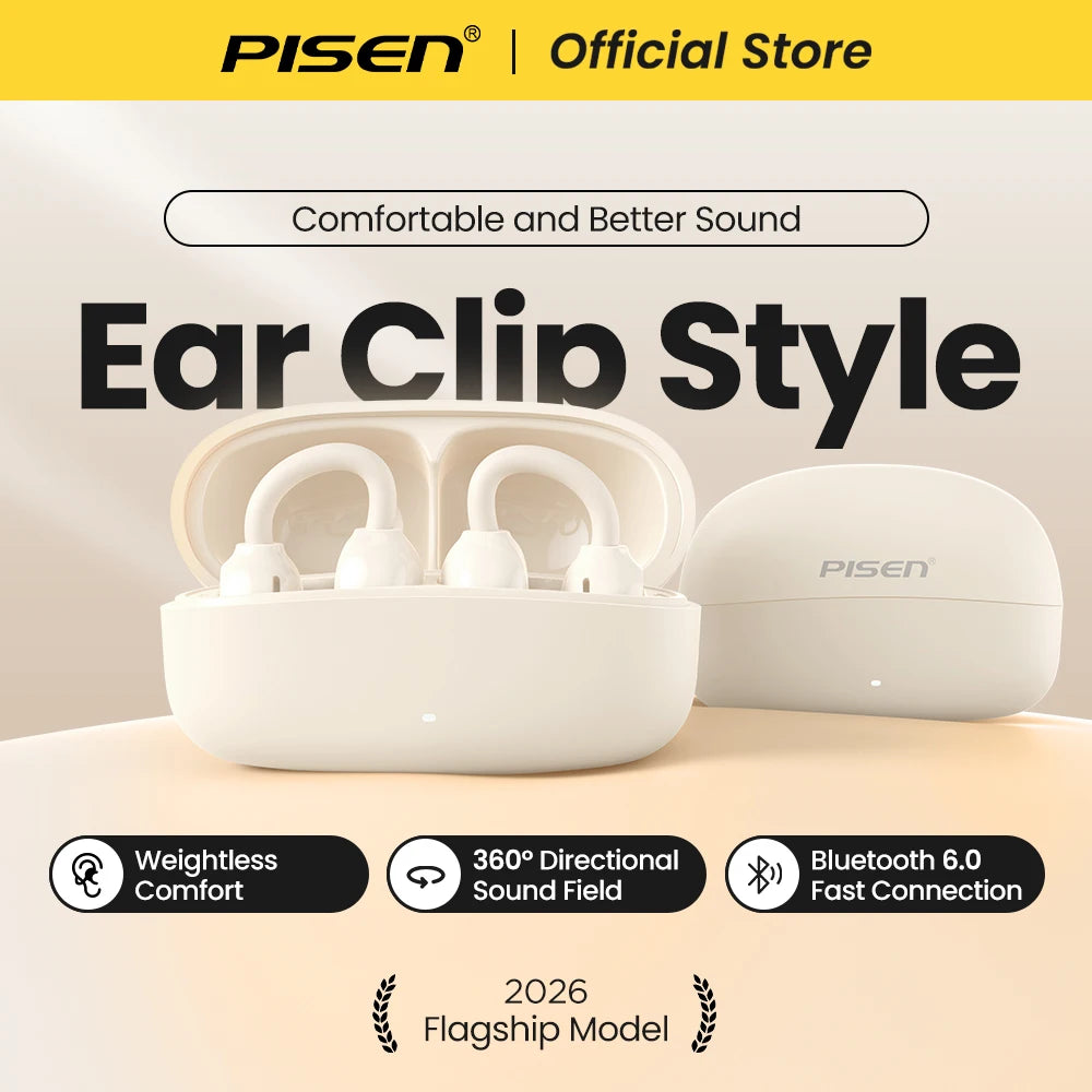 PISEN Wireless Bluetooth 6.0 Hi-Res Ear Clip Earphones 360° Directional Sound/Field Long Battery Life Sports Clip Earbuds 30H Pl
