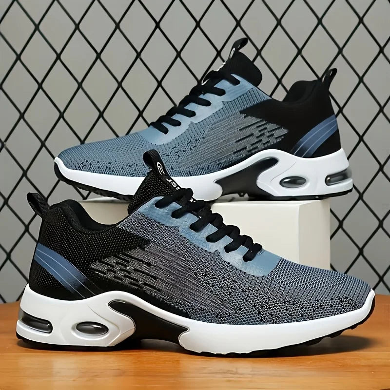 Men Breathable Flying Woven Mesh Running Shoes Cushion Air Sole/Shock Absorbing Athletic Sneakers, Lightweight Lace Up Non Slip Shoes