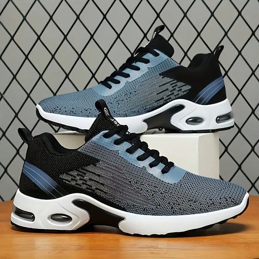 Men Breathable Flying Woven Mesh Running Shoes Cushion Air Sole/Shock Absorbing Athletic Sneakers, Lightweight Lace Up Non Slip Shoes