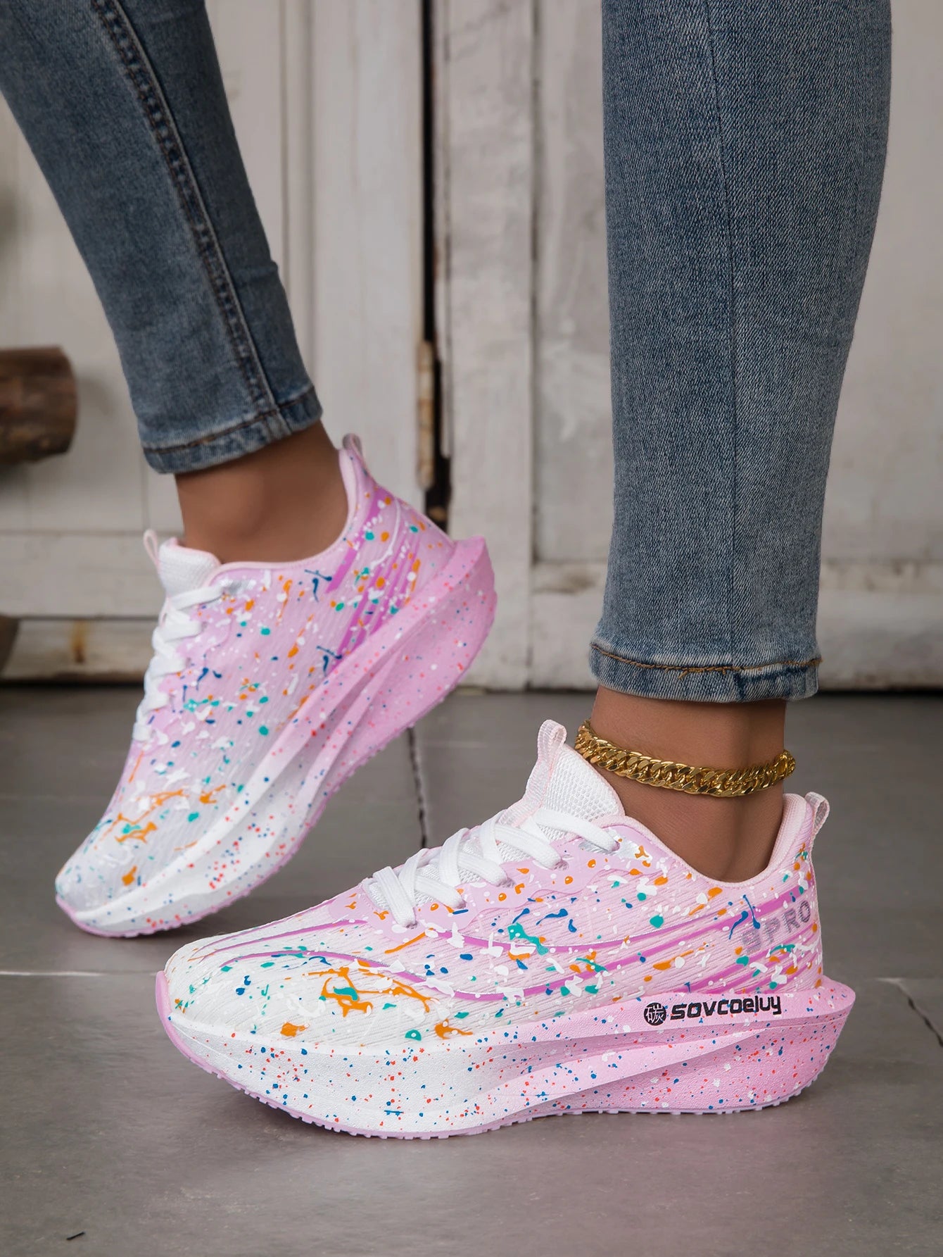 Women Splatter Paint Gradient Running Sneakers Breathable Flying Weave/Mesh Lightweight Shock Absorb Non Slip Fashion Athletic