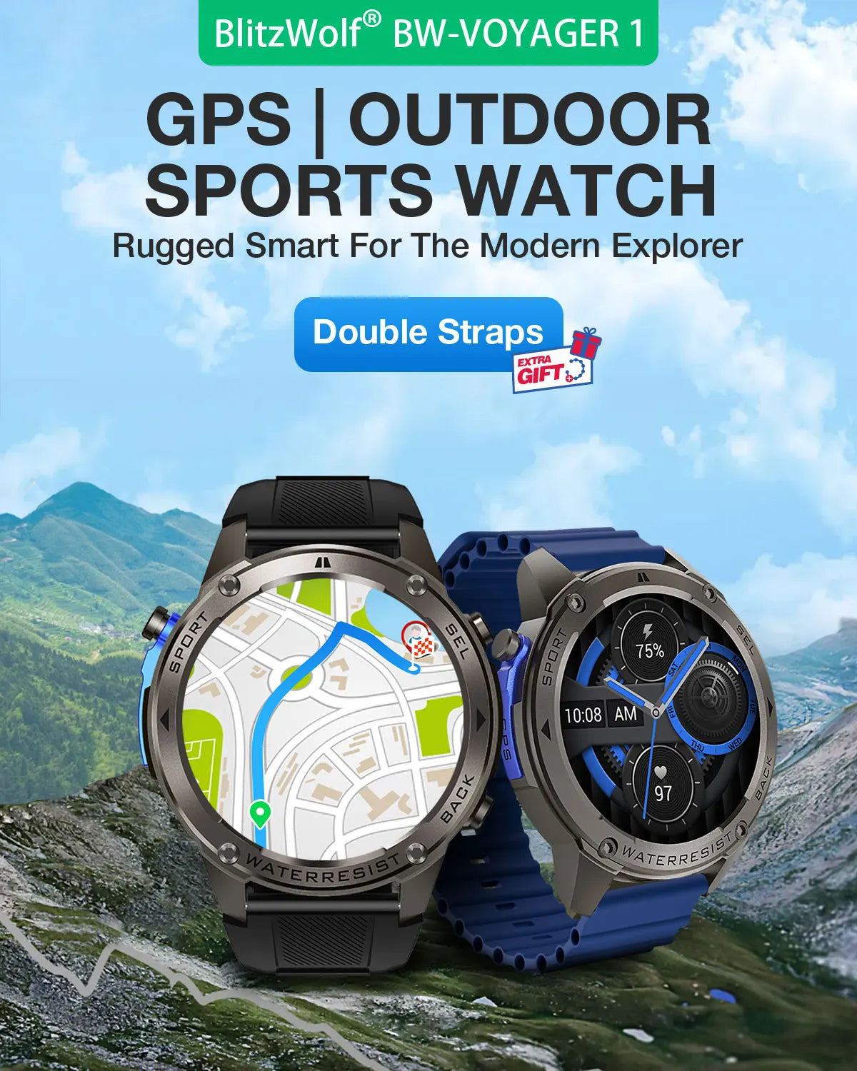 BlitzWolf BW-Voyager1 1.43 inch AMOLED Double Straps Compass & Barometer/10ATM Waterproof blue tooth Call Heart Rate Smart Watch