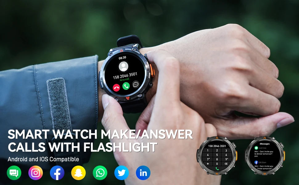 EIGIIS New KE3 Bluetooth Call Smart Watch Full Touch Screen/Health Monitor Clock With Flashlight  For IOS Android