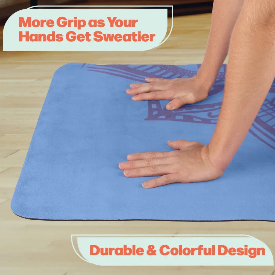 Blue Sweat Absorbent Grippy Suede Hot Yoga Mat with Strap for Enhanced Stability/and Comfort During Intense Workouts and Indoor