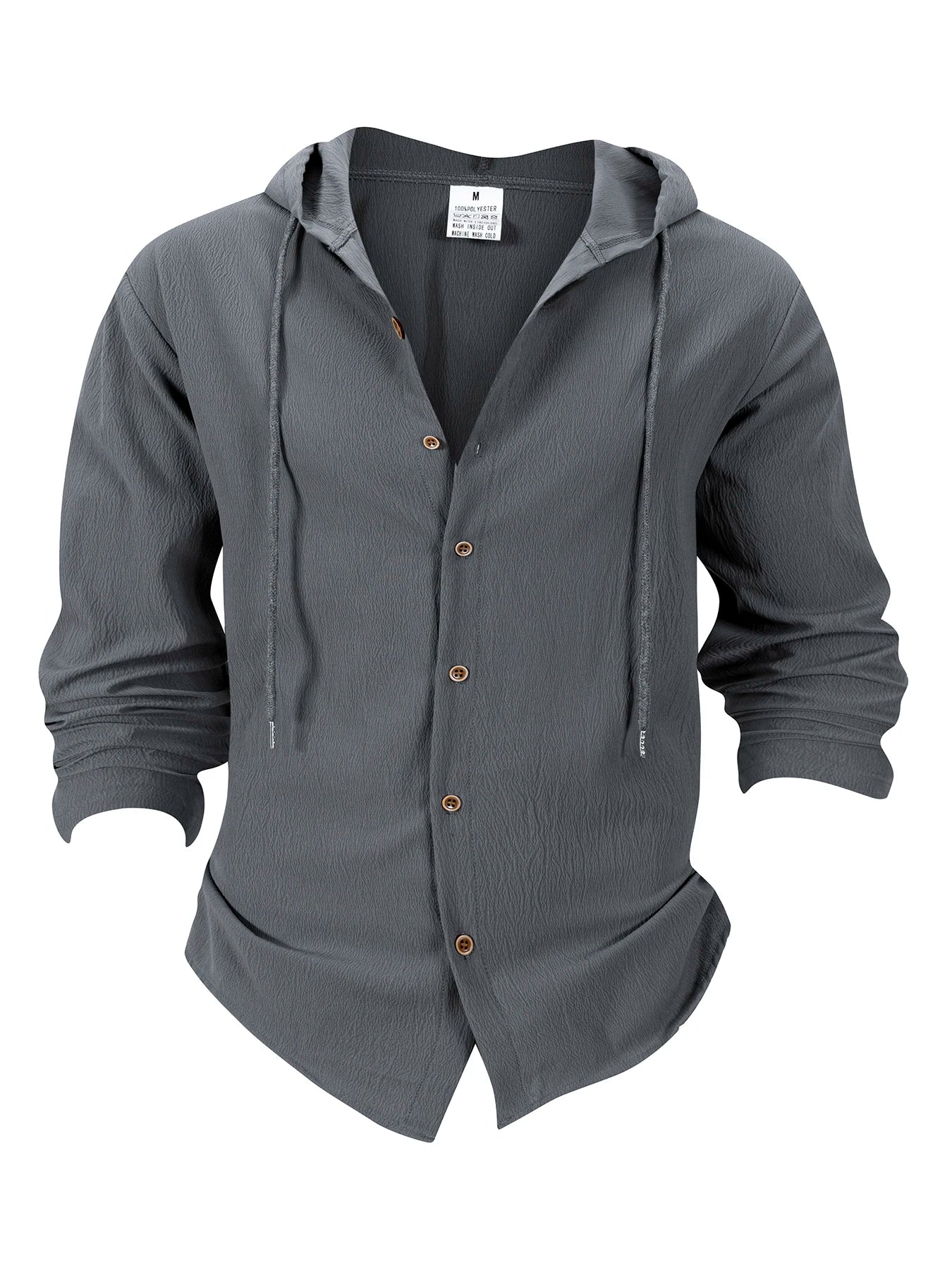 Men Hooded Button Down Shirt With Wrinkle Textured Long Sleeve Hoodie/Jacket Drawstring Hood Casual Loose Open Front Shacket