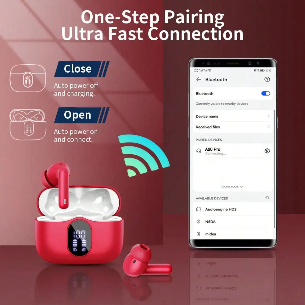 Ordtop Wireless Earbuds Bluetooth Headphones 48H Playtime Ear Buds/With LED Power Display, IPX7 Waterproof Bluetooth 5.4 Earphones