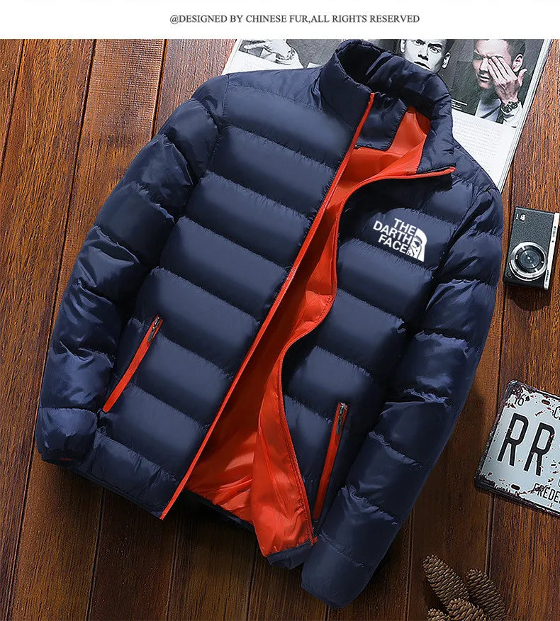 men's trendy casual wear new warm parka winter coat solid color/stand up collar zipper windproof cotton printed jacket