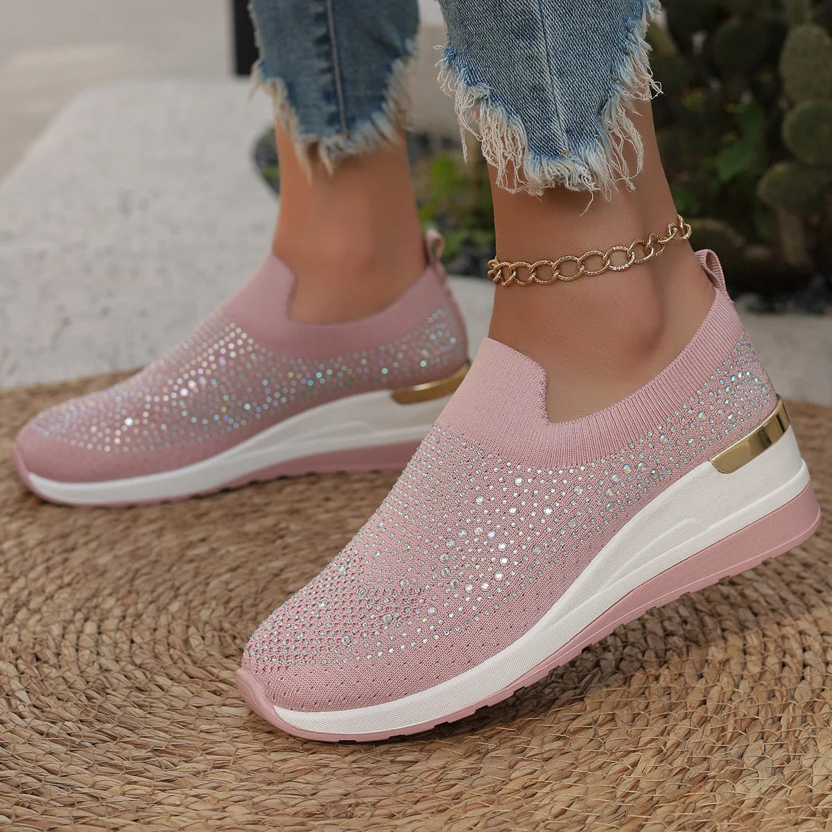 Orange Rhinestone Casual Sneakers Breathable Wedge Women/Lightweight Shoes Slip On New Comfortable Spring Mesh Sports Shoes