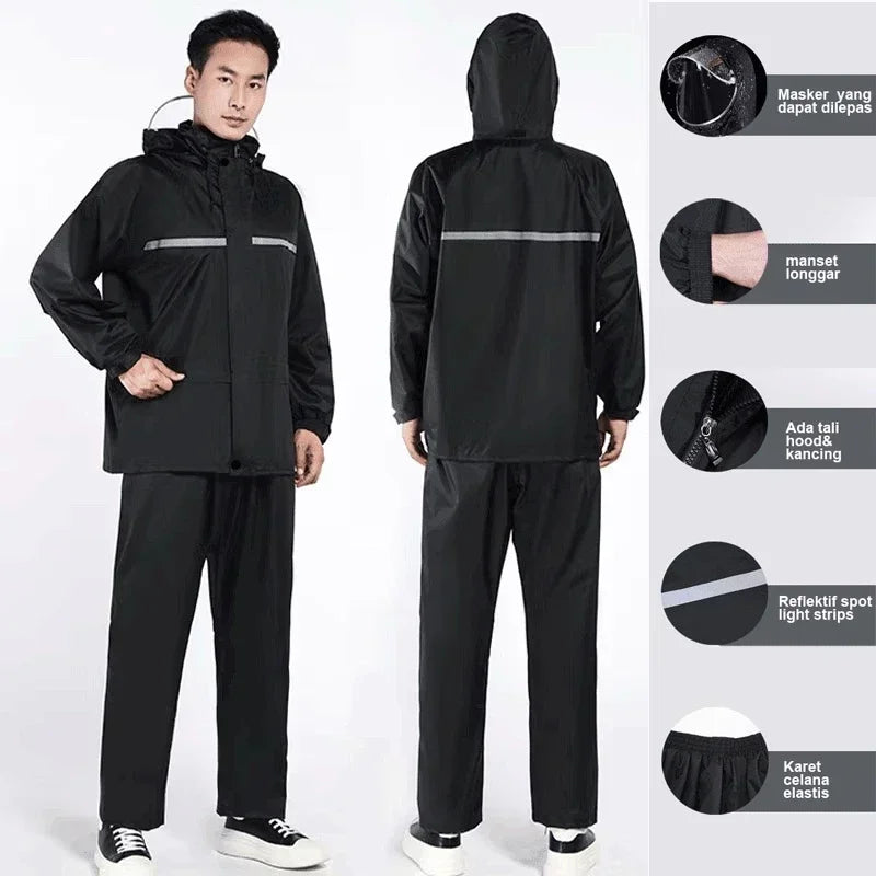 1Set Hooded Coat and Pant Rain Suit for Men Outdoor Waterproof/Rain Gear with Reflective Strip Motorcycle Riding Raincoat