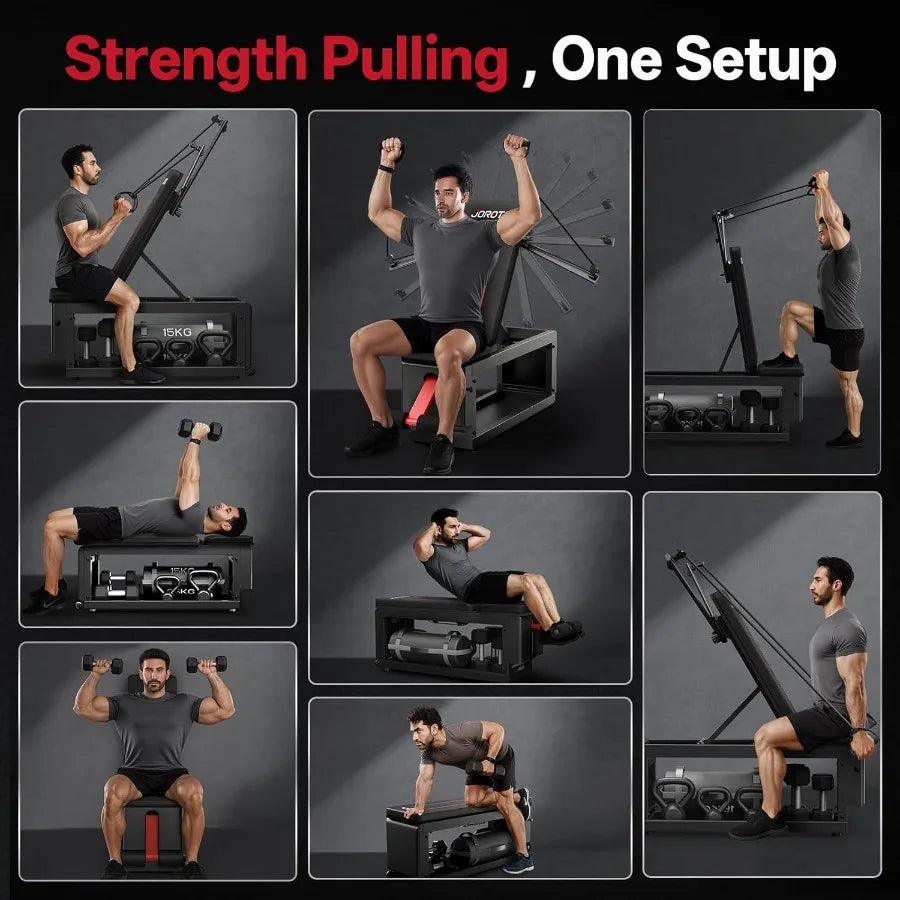 Adjustable Flat Workout Bench with Cable Fly Machine for Home Gym/990 lb Capacity Steel Frame Black Built-in Storage Ideal