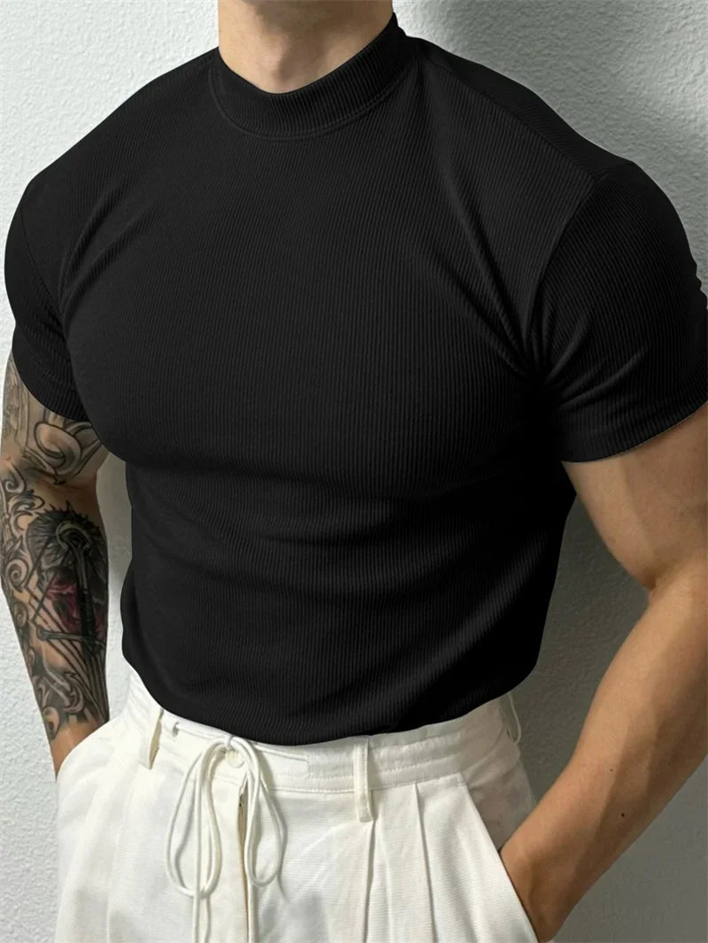 spring summer fashion Men's T-shirt Small high collar stripe shirt/short sleeve fitness top leisure sport T-shirt Men sportswear