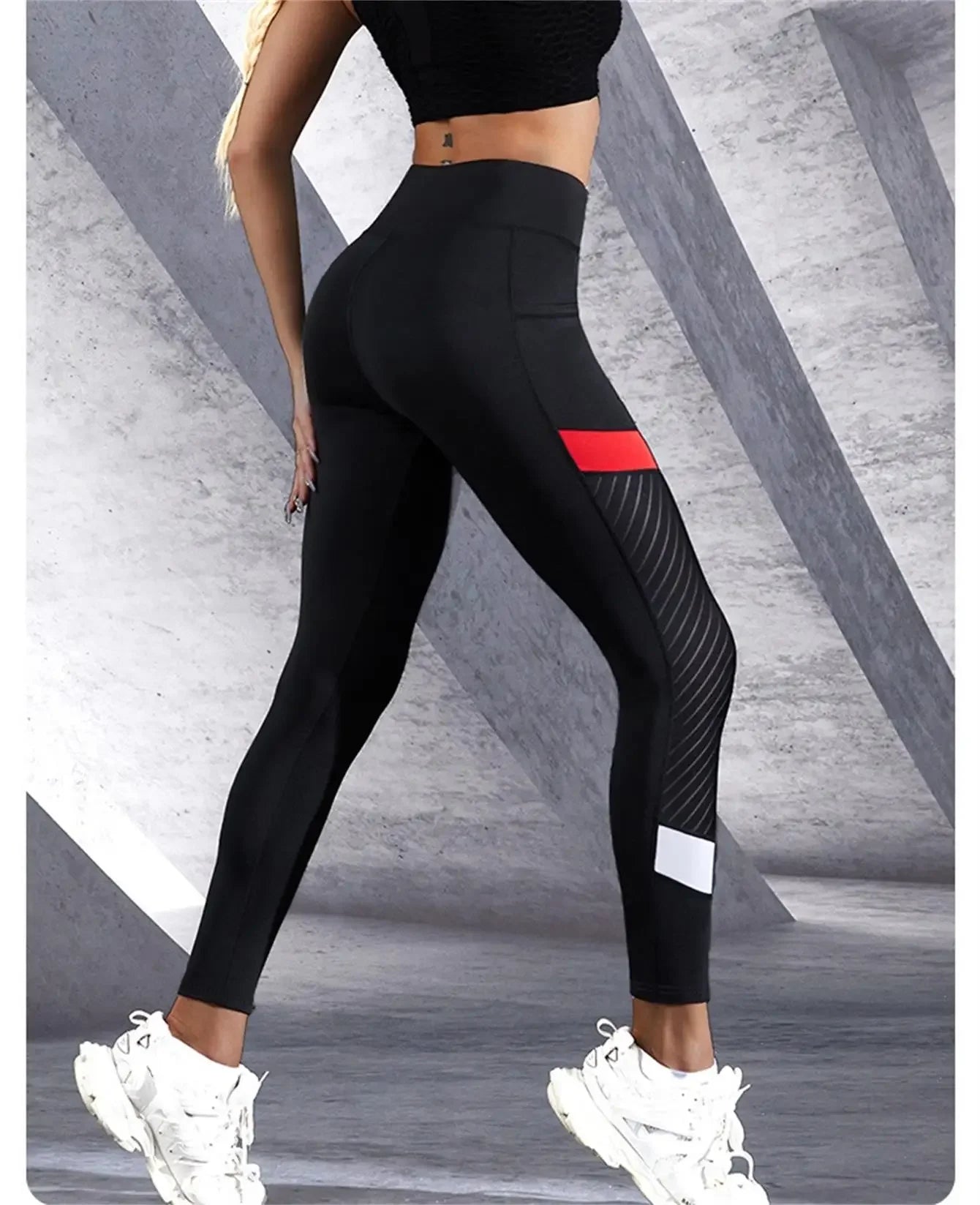 Color blocked Mesh High Waist Yoga Pants with Side Pockets/Leggings for Women Tummy Control Workout Shaping Leggings