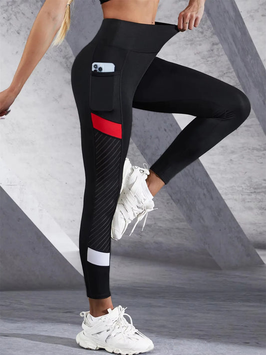Color blocked Mesh High Waist Yoga Pants with Side Pockets/Leggings for Women Tummy Control Workout Shaping Leggings