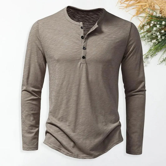 Men Autumn Winter O-neck Buttons Neckline/T-shirt Long Sleeve Solid Color Slim Fit